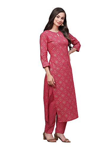 Image of INDO ERA Women's Pure Cotton Printed Straight Kurta With Pant & Dupatta Set (Pink IE13KS0PK1609)