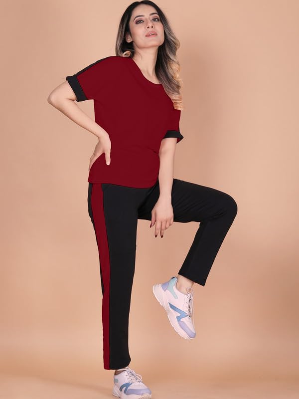 Image of DTR FASHION Polyester Blend Shoulder Stripes Tracksuit | Night Wear Suit For Women