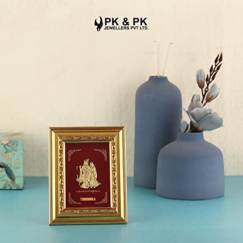 Image of Pk & Pk Jewellers Lord Radha Krishna with Peacock | 24KT Gold Frame | Golden Collection | Extra Small Size [14x18 cm] (For Premium Gift, Temple, Table Decor, Home Decoration)