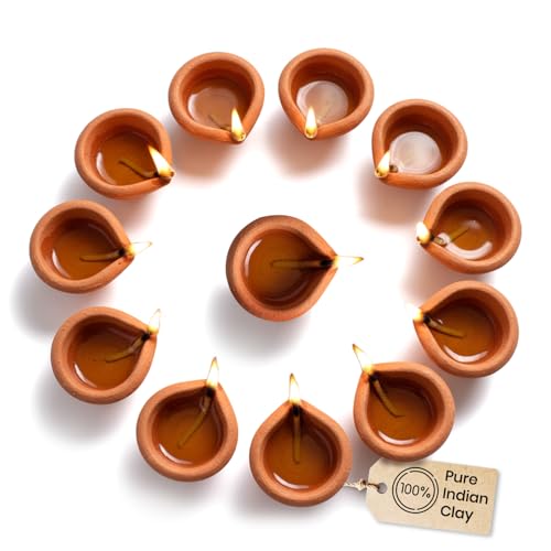SATVIK Set of 12 Handmade Terracotta Clay Diyas – Traditional