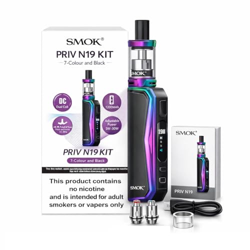 SMOK PRIV N19 Vaping Kit, Sleek, Compact, Powerful, Wide Range Wattage, Long Lasting, Works With Nord Coils, 2mL, E Cig, E Cigarettes, SMOK Vaping, Starter Kit, No Nicotine (Rainbow Black)