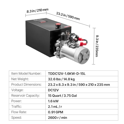 VEVOR 15 Qt Hydraulikaggregat einfachwirkende Kippanhängerpumpe, maximaler Öffnungsdruck 22 MPa und Fördermenge 3,4 L/min, 12 V DC Hydraulikpumpe mit Metallbehälter für Kippanhänger Schwarz