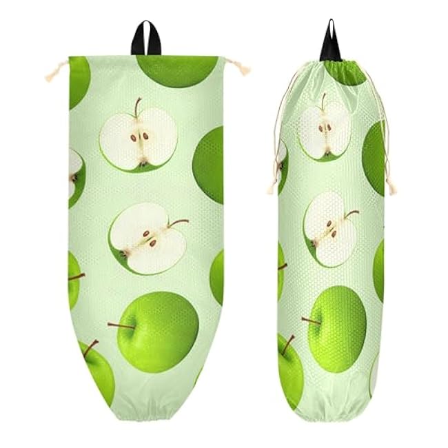 xigua Green Apples Plastic Bag Holder Wall Mount with Drawstring 2 Pack, Reusable Grocery Bag Organizer Decor for Bags, Socks, Underwear, And Neckties