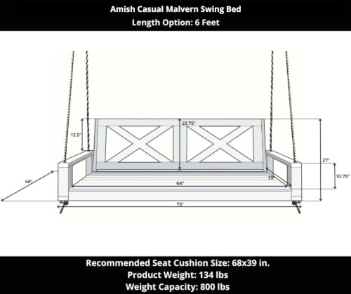 Image of Malvern 6 Foot Wood Porch Swing Bed in Gray Paint, Amish Handcrafted Daybed Style Swing