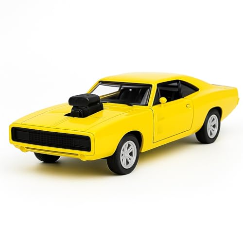 Image of 1:36 Scale Fast & Furious 7 Dom Dodge Charger Toy Car - Die-Cast Alloy Pullback Model Vehicle with Openable Doors - Collectible Metal Racing Car Toy for Kids, Boys (Yellow)