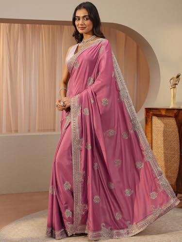 Image of Libas Embroidered Satin Saree for Women With Unstitched Blouse Piece | Traditional Saree for Party & Wedding