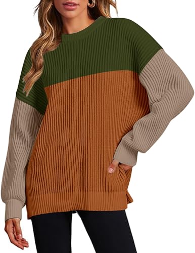 Image of Zeagoo Women 2026 Fall Lightweight Oversized Sweater Crew Neck Long Sleeve Color Block Pullover Rib Knit Blouse Tops XS-2XL