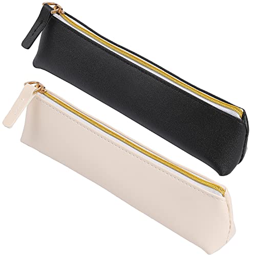 Vin Beauty 2 Pcs Leather Pencil Pouch, Slim Design Small Pencil Pouch Pencil Bag Zipper Pencil Case Bag Stationery Pouch Bag For Pens, Pencils, Markers(Black&Beige) #TOP17