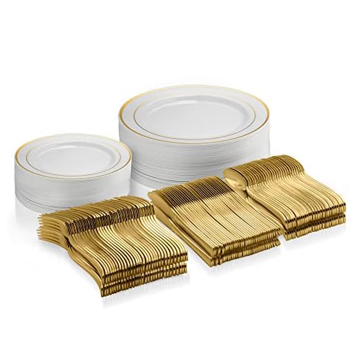 125 Piece Gold Dinnerware Party Set - 50 Gold Rim Plastic Plates, 25 Dinner 25 Dessert Plates, 75 Gold Silverware, 25 Knives, 25 Forks, 25 Spoons - 25 Guest Disposable Set for Wedding Birthday Parties