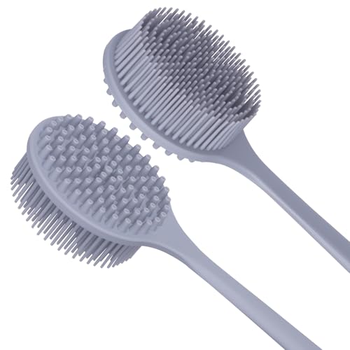 Image of DNC Soft Silicone Back Scrubber Shower Bath Body Brush with Long Handle, BPA-Free, Hypoallergenic, Eco-Friendly (Gray)