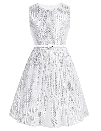 Vintage Robes Paillettées Enfant Filles A-Ligne Trapèze Swing pour Cocktail Cérémonie Mariage Argenté -2 6-7 Ans