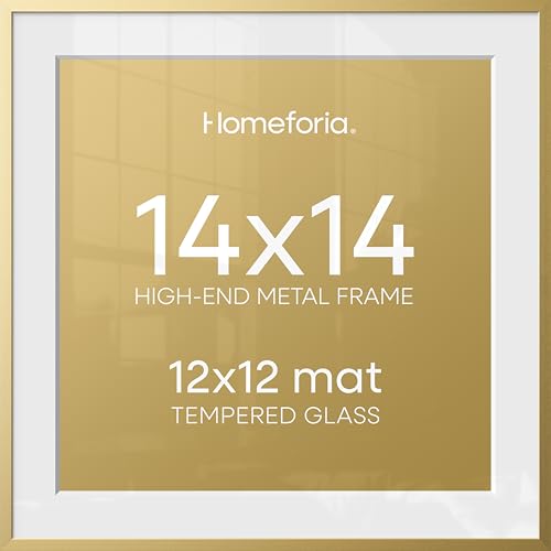 Image of Homeforia 14x14 Picture Frame Gold, High End Metal 14 x 14 Square Poster Frame with Mat 12 x 12 Photo, 14x14 Frame Matted to 12x12 Print, 14by14 Gold Hanging Frames, Tempered Glass, Wall Kit, Set of 4