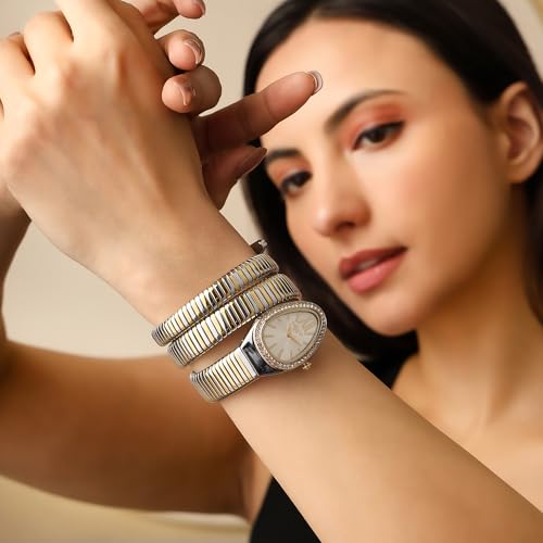 Image of Carlton London Women Charmer Analog Watch, Snake Design Bracelet, Stainless Steel Strap, Quartz Movement, 30M Water Resistant