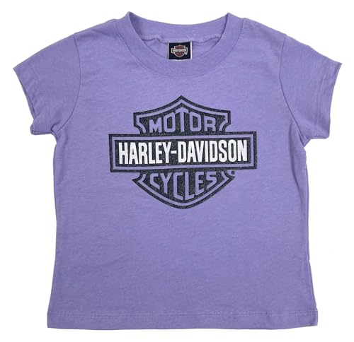 Harley-Davidson Big Girls' Glitter Bar & Shield Logo Short Sleeve Tee, Purple