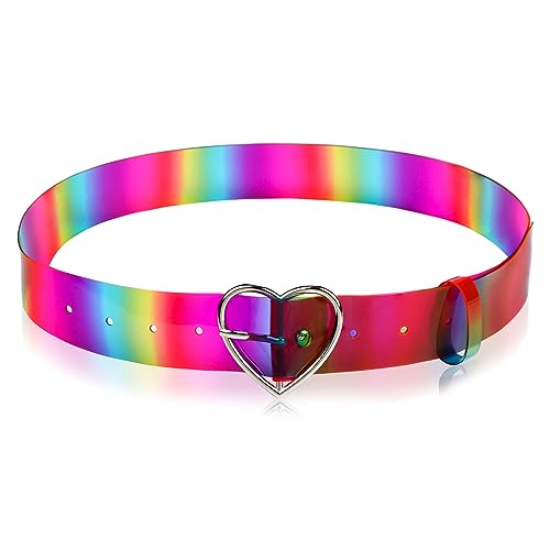 TXIN Fashion Rainbow Belt with Heart Buckle for Women Girls, Wide PVC Waist Belt Punk Waist Band Strap for Dress Jeans