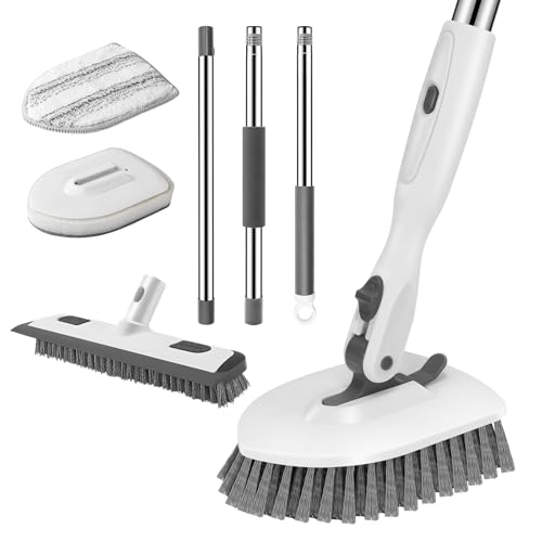 Image of SetSail 4-in-1 Tile Tub Floor Scrubber with 52-inch Adjustable Long Handle Shower Cleaner Brush Comes with Floor Scrub Brush and 3 Replacement Brush Heads for Cleaning Bathroom Tub Tile, White Grey