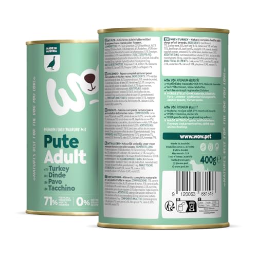 WOW Dog Hunde-Nassfutter mit Pute | Enthält Vitamine und Mineralien, ohne Getreide und Zucker | 400 g / 12er Pack