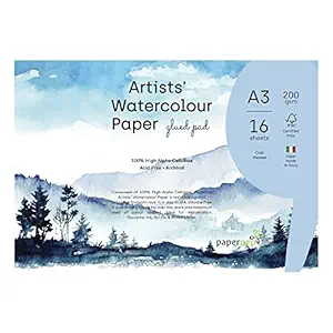 Artists' Watercolour Glued Pads 200GSM Cold Pressed A3 16 Sheets for Watercolour, Gouache, Ink, Acrylic, Wet & Mixed Media, Art Painting, Drawing for Artists' & Amateurs