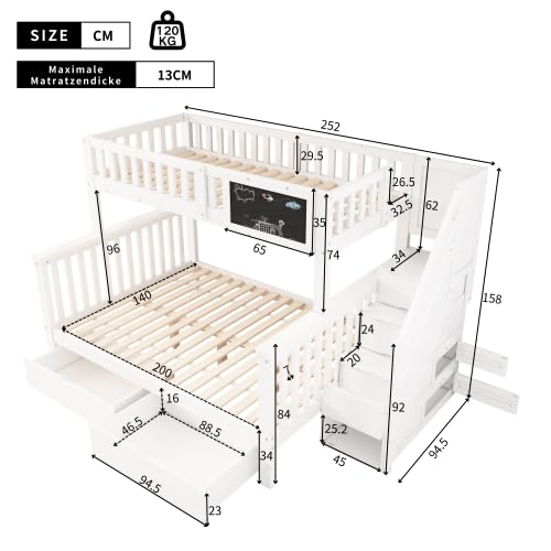 Merax Kinder-Etagenbett 90x200+140x200 cm mit Tafel, Schubladen, Treppe und Sicherheitsgeländer, Multifunktionales Hochbett, Weiß, Massivholz