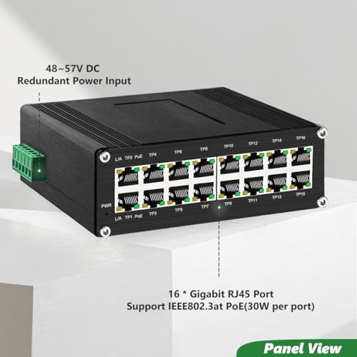 Image of 16-Port PoE Ethernet Switch 10 /100 /1000Mbps, Full Gigabit Port Support IEEE802.3at PoE(30W per Port),48-57VDC Power Input, DIN-Rail Mount