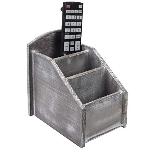 MyGift Rustic Graywashed Wood Remote Control Holder Caddy with 3 Compartments, Living Room Media Storage Organizer, Multipurpose Desktop Supplies Storage Box