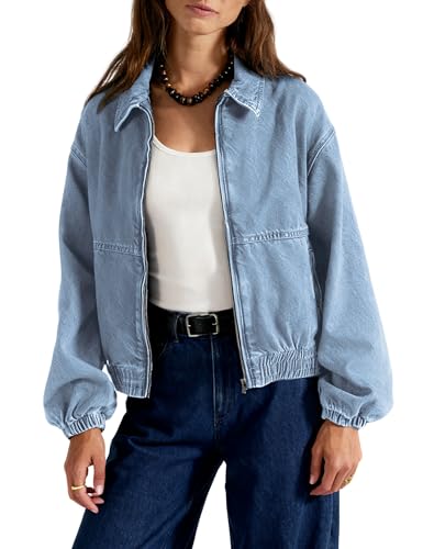 Yeokou Womens Oversized Jean Jacket Zip Up Long Sleeve Casual Denim Coats with Pockets(LightBlue-S)