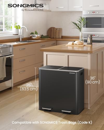 Image of SONGMICS Trash Can, 2 x 10.6 Gallon (2 x 40 L), Black | With 15 Trash Bags, 2 Compartments, Plastic Inner Buckets and Hinged Lids, Airtight, ULTB730B80