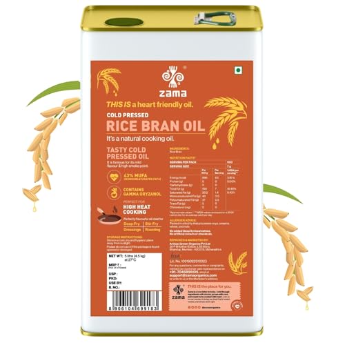 Image of Zama Organic Cold Pressed Rice Bran Oil 5L | Wood Pressed (Kacchi Ghani /Chekku) Cooking Oil | Oryzanol & Omega 6 Rich | High Smoke Point for Deep Frying & Stir Fry | Natural, Unrefined & Chemical Free