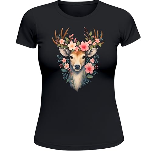 MoonWorks Damen T-Shirt für das Oktoberfest Hirsch mit Blumenkranz Fun-Shirt Trachtenshirt Bierfest Outfit Schwarz L