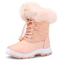 K KomForme Girls Glitter Snow Boots Kids Bungee Lacing Warm Faux Fur-Lined Anti-Slip Outdoor Winter Shoes Pink Big Kid 1M