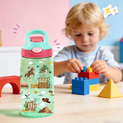 Image of 14oz Kids Water Bottle with Straw Lid - Cowboy Water Bottles for Kids, Leakproof, Lightweight, Durable Plastic Bottles for School Travel, Pop-Up Straw Cover, Gift Cup for Boys Girls(Cowboy)