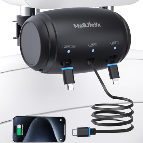 MAGJIEYX Câble de Chargement Rétractable 3 en 1 pour Siège Auto Arrière Connexions USB-C USB-i Micro-USB Installation Facile sur Appui-tête Universel...