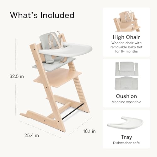 Image of Stokke Tripp Trapp High Chair 2 (Heather Mauve), Cushion 2 (Heather Mauve) + Stokke Tray (White) - Includes Chair + Baby Set with Removable Harness for Children 6-36 Months