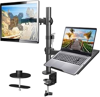 HUANUO Ramię monitora z tacą na laptopa, w pełni regulowane dla 13-27-calowego ekranu LED LCD i do 15,6-calowego notebooka, 2 opcje montażu