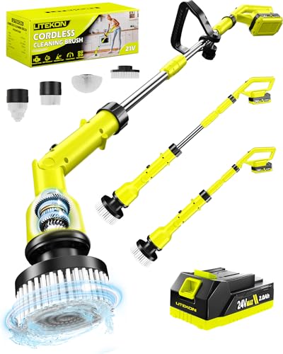 Image of Electric Spin Scrubber with 3+ Hour Long Lasting Battery, 1000W /1200RPM High Power Cordless Clean Brush with 50IN Adjustable Long Handle, 4 Replacement Head for Bath /Tub /Tile /Floor, RyobiGreen