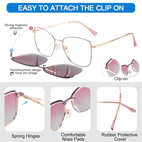 Image of Women's Large Blue Light Blocking Glasses plus Magnetic Sunglasses Clip, Easy to Switch to Shades for Driving