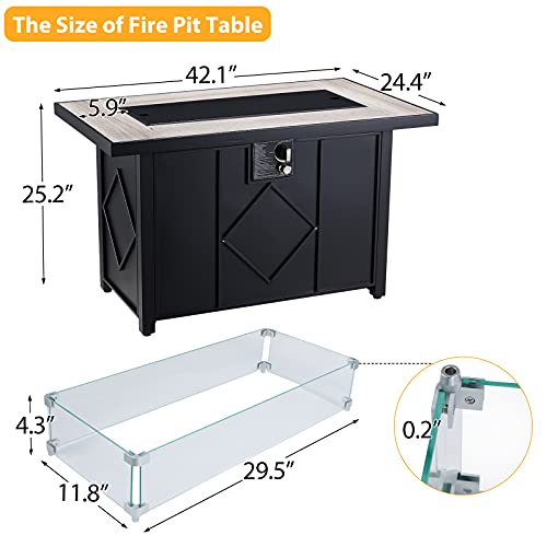 AVAWING-Propane-Fire-Pit-Table-42-inch-50000-BTU-Rectangular-Gas-Fire-Pit-Table-wGlass-Wind-Guard-Table-Lid-Fire-Glass-Waterproof-Cover-Outdoor-Gas-Fire-Pit-for-Garden-Patio-Backyard-Black