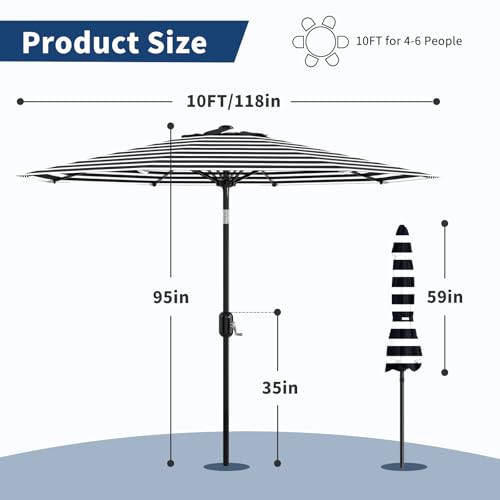 9Ft Patio Umbrella - 8 Sturdy Ribs Outdoor Table Umbrella with Crank Lift & Push Button Tilt - Market Umbrella for Pool, Deck, Yard, Garden - Black & White Stripe