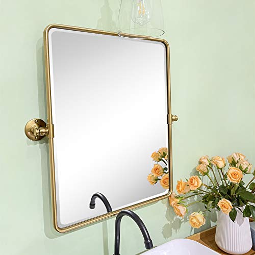Image of TEHOME 20 x 24 inch Farmhouse Gold Metal Framed Pivot Rectangle Bathroom Mirror Rounded Rectangluar Tilting Beveled Vanity Mirrors for Wall