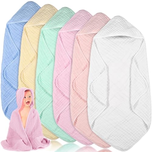 Image of Peryiter 6 Pcs Muslin Hooded Baby Towels, 32 inchx 32 inch Cotton Newborn Bath Towel Muslin Infant Baby Blankets Absorbent Unisex Newborn Registry Gift Essentials for Girls Boys (Light Color Series)