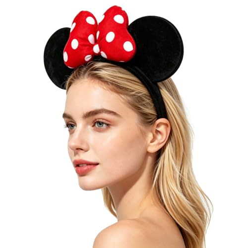 ODOCARE Handmade Mouse Ears Headband for Women and Ladies, Polka Dot Bow Mini Ears Costume Accessories(Red-White Dots)