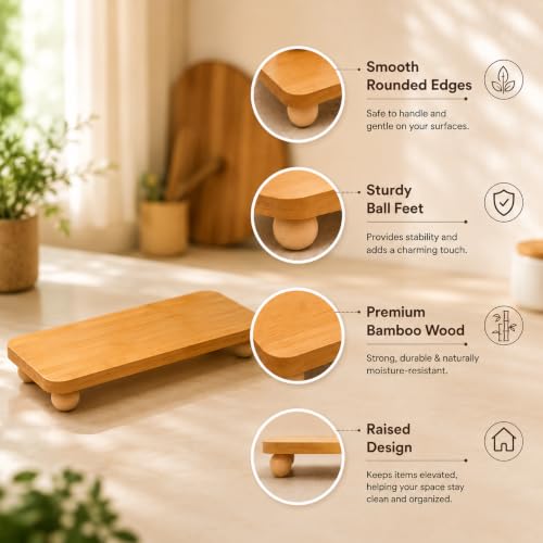 Image of Curated Cart Wooden Display Riser, Pedestal Stand for Bathroom Decor, Small Kitchen Counter Shelf Spice Rack Organizer, Plant Stand, Display Shelf for Cosmetics (PedaStal-Rectangle-24CM)
