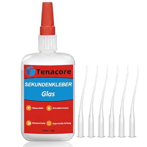 Tenacore Glaskleber Extra Stark 50g Sekundenkleber mit Anti-Austrocknung Transparent Hitzebeständig & Wasserfest Für Glas Acrylglas Spiegel Schmuck Kristall