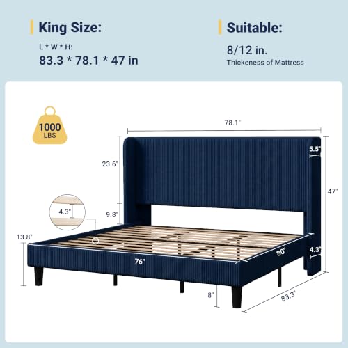 Image of Allewie King Size Platform Bed with Corduroy Wingback Headboard, Blue