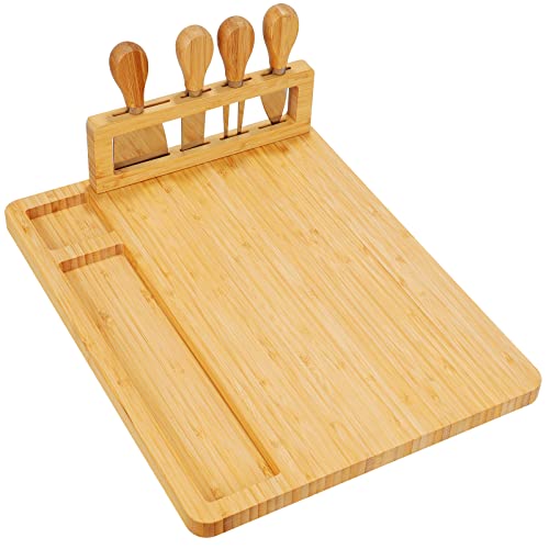 Bamboo Cheese Board Set Charcuterie Platter Serving Meat Board Including 4 Stainless Steel Knife And Serving Utensils For Christmas Wedding Birthday Anniversary #TOP7