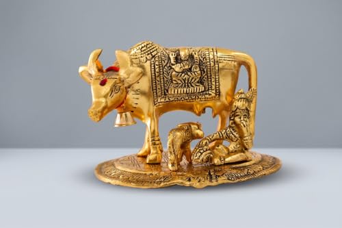 Image of KridayKraft Kamdhenu Cow,Calf with Bal Gopal Krishna Metal Statue for Good Luck,Feng Shui As Table Top Figurine,Vastu,Religious Gau MATA Idol Home,Office&Table (Gold, Medium)