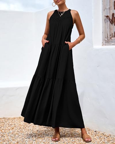 Image of BTFBM Halter Summer Dresses for Women 2026 Casual Spring Hollow Out Sleeveless Boho Sundresses Beach Vacation Maxi Dress