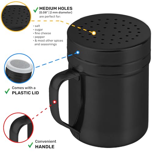 Image of CUSINIUM 10oz Black Stainless Steel Salt Pepper Dredge Shakers - With Plastic Cap - With Handle - Pack of 2
