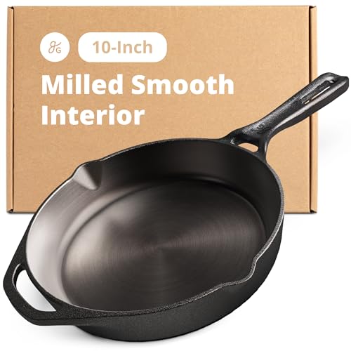 Greater Goods 10-Inch Cast Iron Skillet Frying Pan – Milled Smooth Cast Iron Cooking Surface, Organically Pre-Seasoned with Flaxseed Oil, Long Handle & Dual Pour Spouts for Better Control