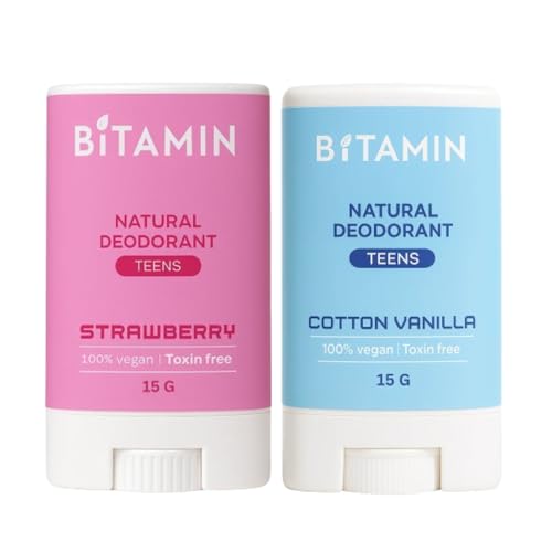 Image of Bitamin Natural Deodorant Underarm Roll On Cream For Kids & Teens | Kids Deodorant Roll On for Girls & Boys With 3% Vitamin C & E | No Aluminium, No Alcohol, No Parabens & No Triclosan | 8 Hour Odour Control, Ages 10-18 | Cottton Vanilla & Strawberry 15 g Each (Pack Of 2)